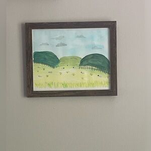 Pastoral Watercolor Rolling Hills with Sheep Landscape Art